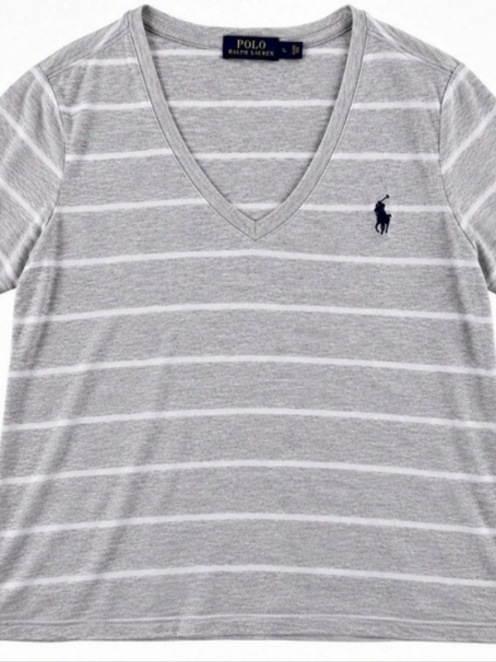 Polo Ralph Lauren Striped V-Neck Tee in Gray & White Large Like New